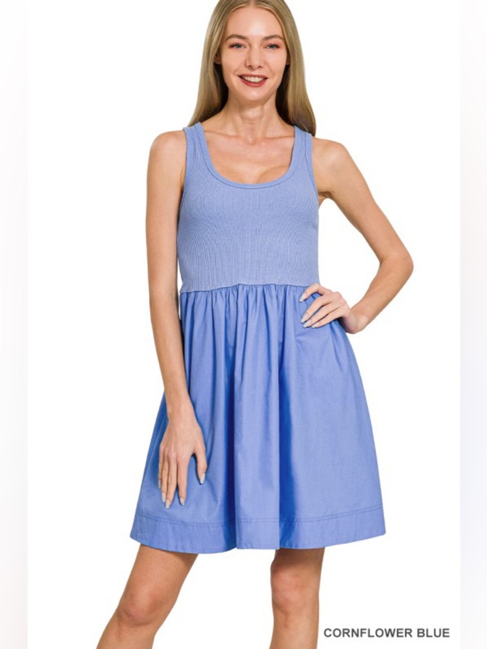 Zenana Cornflower Blue Ribbed Knit & Cotton Poplin Dress